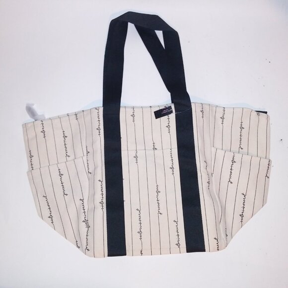 Victoria Secret Tote Bag Cream Black Allover Signature Logo Canvas Zip Up New Wi - Picture 3 of 11